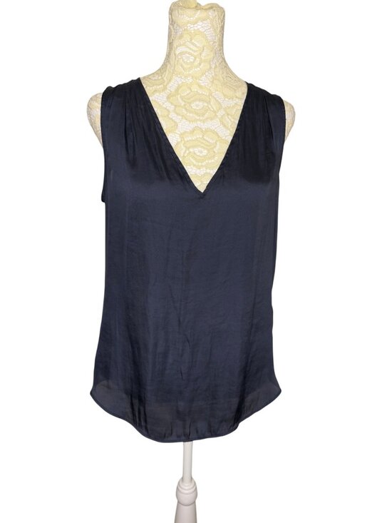 Banana Republic Tops - Banana Republic Satin Blouse Top Shirt Pleated V Neck Sleeveless Navy Blue XS